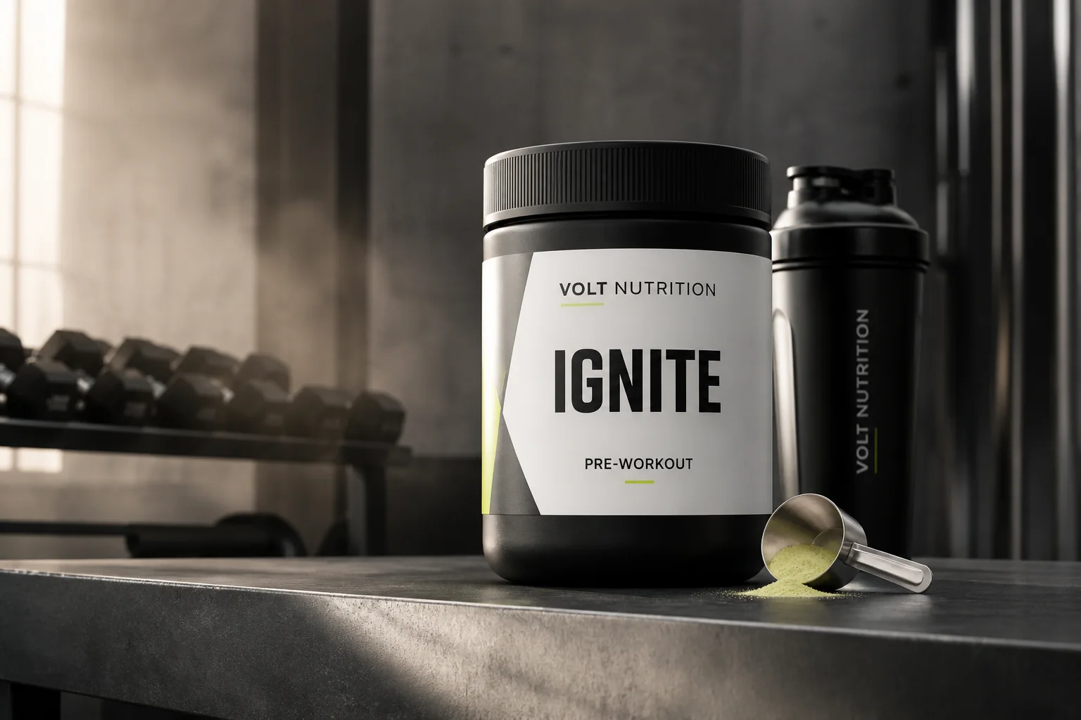 IGNITE y shaker VOLT NUTRITION en un gimnasio premium